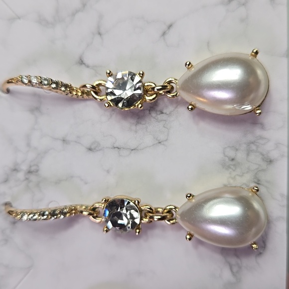 Gold Tone Silver Fuax Pearl Drop Earrings - Picture 14 of 17